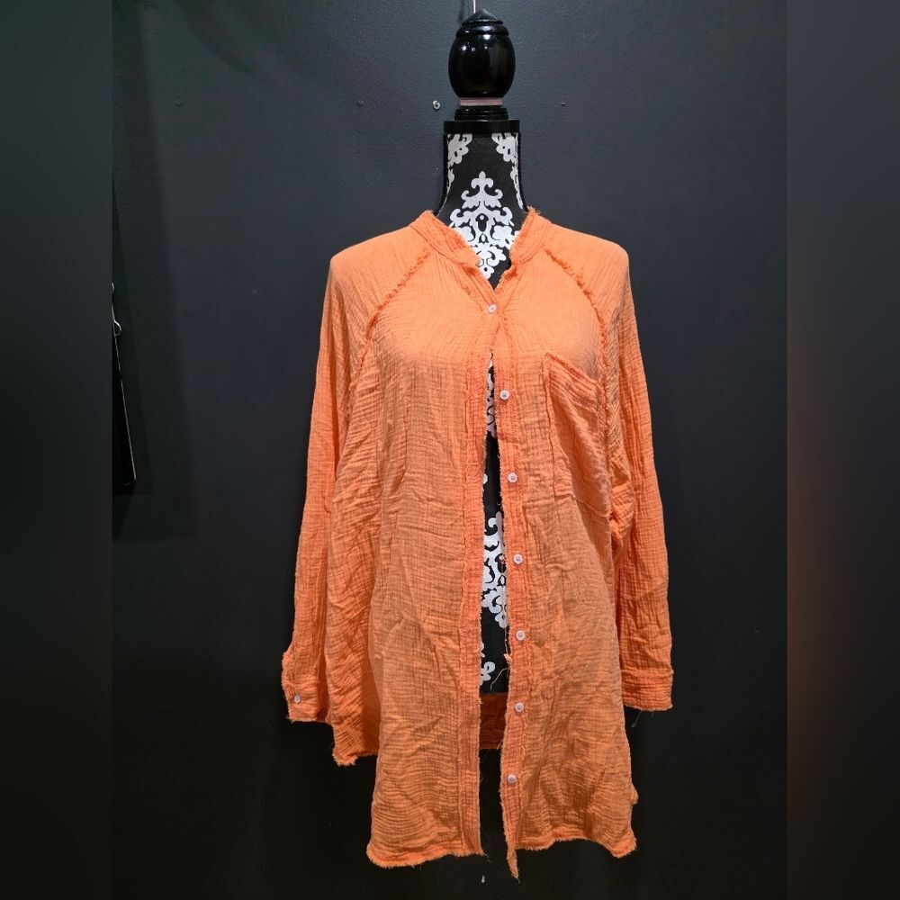 Aerie Cotton Guaze Long Sleeve Blouse Tunic Button Up Orange L NWOT